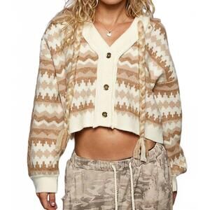 NEW POL array of chevron pattern hooded sweater cardigan in almond multi